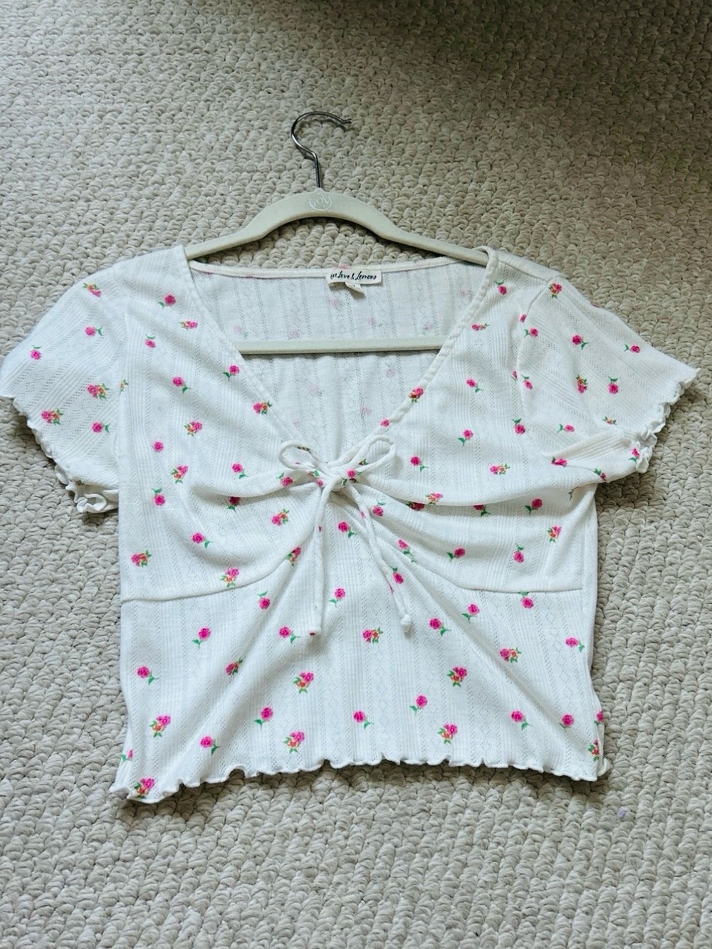 For Love and Lemons White Pointelle Crop Top with Pink Rose Print and Front Tie